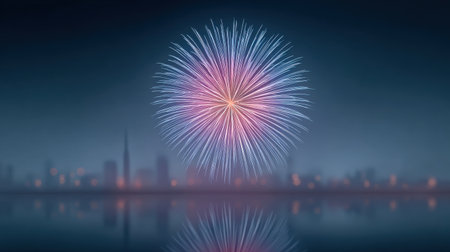 A fireworks display is lit up in the night sky, with a city in the background. The fireworks are in the shape of a flower, and the city is reflected in the water. Scene is festive and celebratoryの素材