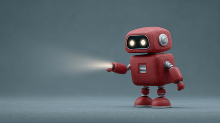A robot with a flashlight is standing on a grey surface. The robot is pointing to something in the distanceの素材