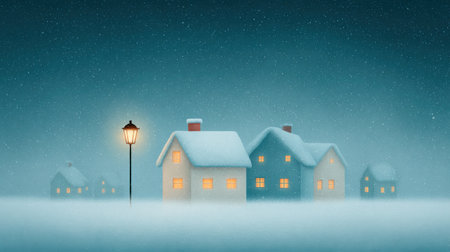 A snowy landscape with a lamp post in the foreground and houses in the backgroundの素材