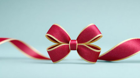 A red ribbon with gold trim is tied into a bow. The ribbon is on a blue backgroundの素材