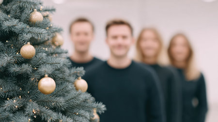 A group of people are standing in front of a Christmas tree with gold ornaments. Scene is festive and joyful, as the people are smiling and posing for the cameraの素材