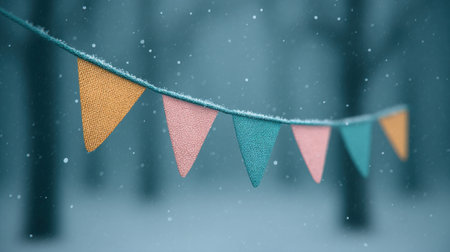 A colorful banner with flags hanging from a line in the snow. The banner is made of cloth and is hanging from a line. The banner is colorful and has a festive moodの素材