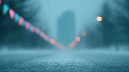 A blurry image of a city street with a blue sky and a building in the background. The street is empty and the snow is fallingの素材