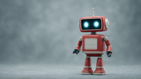 A robot with blue eyes stands on a grey surface. The robot is red and has a robotic appearanceの素材