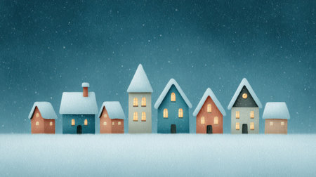 A snowy landscape with a row of houses with a blue house in the middle. The houses are all lit up, giving a warm and cozy feelingの素材
