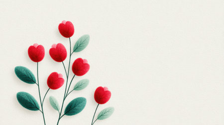 A close up of a flower arrangement with red flowers and green leaves. The flowers are arranged in a way that they look like they are growing out of the paper. The arrangement is colorful and livelyの素材