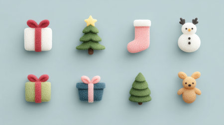 A collection of Christmas themed figurines, including a tree, a snowman, and a teddy bearの素材