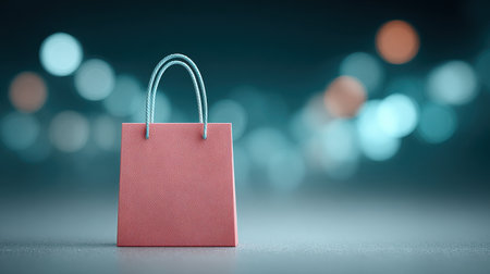 A small red shopping bag is sitting on a table. The bag is decorated with glitter and has a blue handle. The scene is set in a dark room with a blue backgroundの素材