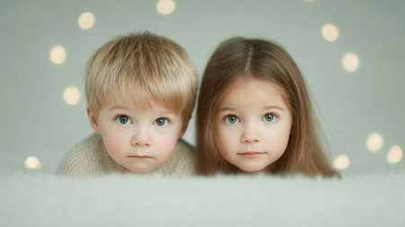 Two young children are posing for a picture, one of them wearing a white shirt. Scene is playful and innocent, as the children are simply enjoying the moment and posing for the cameraの素材