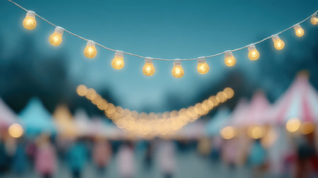 A group of people are standing in a field with a string of lights hanging overhead. The lights are lit up and create a warm, inviting atmosphereの素材