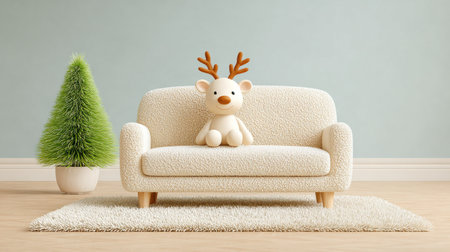 A white couch with a reindeer on it sits in front of a Christmas tree. The couch is covered in white fur and the reindeer has antlers. The scene is cozy and festiveの素材