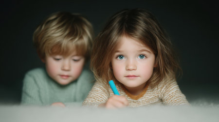 Two children are sitting on the floor, one of them writing with a blue marker. The scene is playful and innocent, with the children enjoying a moment of creativity and bondingの素材