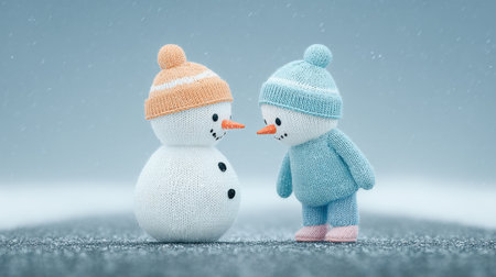 Two snowmen, one white and one blue, are standing next to each other. The white snowman is wearing a hat and the blue snowman is wearing a blue hatの素材