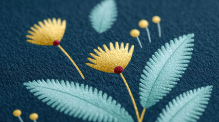 A blue and gold flower design with a leafy stem. The flowers are yellow and the leaves are blueの素材