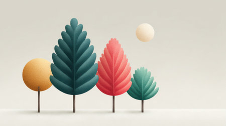 A group of trees with a large moon in the sky. The trees are all different colors and sizes, and the moon is in the background. The scene is peaceful and serene, with the treesの素材