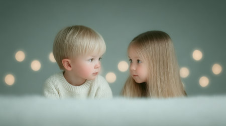 Two children are looking at each other with their eyes wide open. Scene is curious and playfulの素材