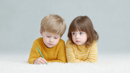 Two young children are sitting on the floor, one of them writing with a green pencil. The scene is warm and inviting, with the children looking at each other and enjoying their time togetherの素材