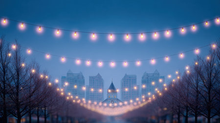 A city street with lights hanging from the trees. The lights are pink and the sky is blueの素材