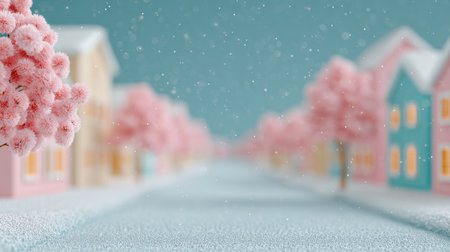 A winter scene with pink trees and houses. The snow is falling, creating a peaceful and serene atmosphereの素材