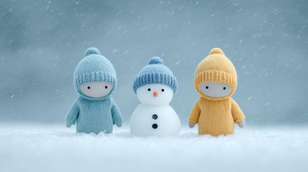 Three small snowmen wearing blue and yellow jackets stand in the snow. The snowmen are posed in a way that they appear to be looking at the camera. Concept of warmth and cozinessの素材