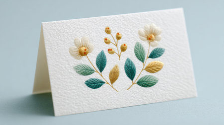 A white card with a flower design on it. The card is folded in half and has a gold leaf designの素材