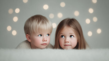 Two children are looking at the camera with their eyes wide open. Scene is playful and innocentの素材
