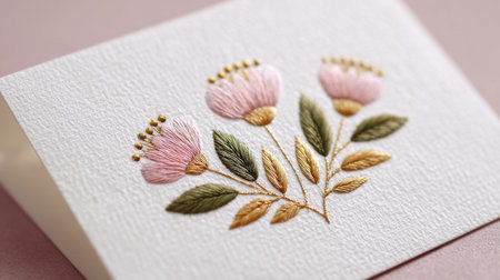 A card with flowers embroidered on it. The flowers are pink and green. The card is white and has a gold trimの素材