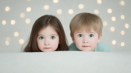 Two young children are posing for a picture, one with blue eyes and the other with brown eyesの素材