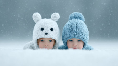 Two young children wearing hats and snowsuits are posing for a picture in the snow. The children are smiling and seem to be enjoying the winter weatherの素材