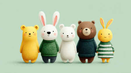A group of stuffed animals are standing in a row, including a bear, a rabbit, and a bear with a striped shirtの素材