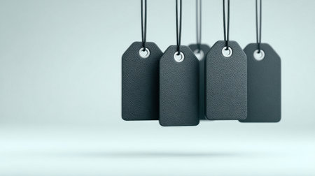 A group of black tags hanging from a string. The tags are all different sizes and are hanging at different heightsの素材