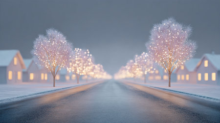 A snowy street with a tree lit up with lights. The street is empty and the houses are lit upの素材