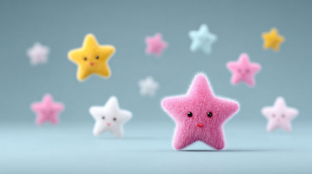 A group of fuzzy stars with one pink star in the middle. The pink star is smiling and surrounded by other starsの素材