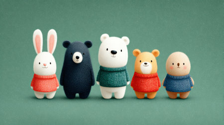 A group of stuffed animals are standing in a row, with one of them wearing a red sweater. The scene is likely meant to evoke a sense of warmth and cozinessの素材