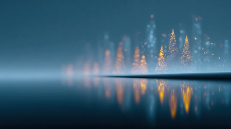 A blue sky with a reflection of trees on the water. The trees are lit up with lights, creating a festive atmosphereの素材