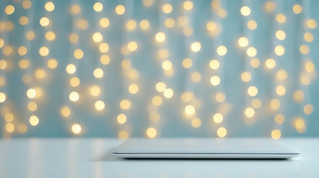 A white laptop is sitting on a table in front of a blue background with a lot of light shining on itの素材