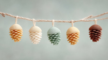 A row of pinecones hanging from a rope. The pinecones are of different colors and sizesの素材