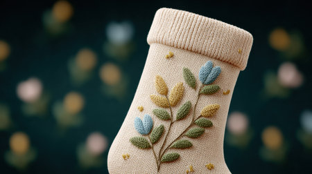 A knitted sock with a flower design on it. The sock is white and has a green stemの素材
