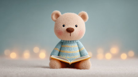 A stuffed teddy bear is sitting on a white surface with a book in its lap. The bear appears to be reading the book, and the scene gives off a cozy and comforting vibeの素材