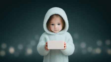 A young girl is holding a white box in her hands. She is wearing a blue hoodie and she is holding the box with a serious expressionの素材