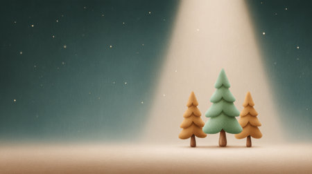 A Christmas tree is surrounded by three other trees, with a light shining on it. The scene is set in a snowy landscape, giving a sense of a winter wonderland. The image conveys a feeling of warmthの素材