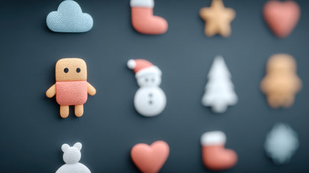 A collection of Christmas themed figurines, including a teddy bear, a snowman, and a starの素材