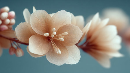 A close up of a flower with a fuzzy texture. The flower is white and has a few pink petals. The image has a soft and delicate feel to it, as if it were a painting or a photographの素材