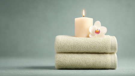 A candle is lit on top of two white towels. The candles and towels are arranged in a way that creates a sense of relaxation and calmnessの素材