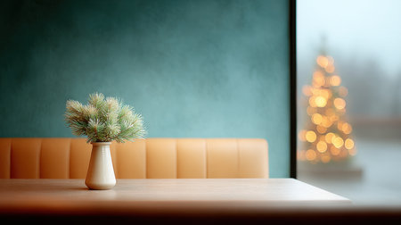A vase of flowers sits on a table in front of a Christmas tree. The scene is cozy and inviting, with the warm colors of the vase and the tree contrasting against the cool blue wallsの素材