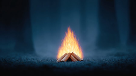 A small fire is burning in a pile of wood. The fire is surrounded by a dark forest, and the sky is cloudy. Scene is mysterious and eerieの素材