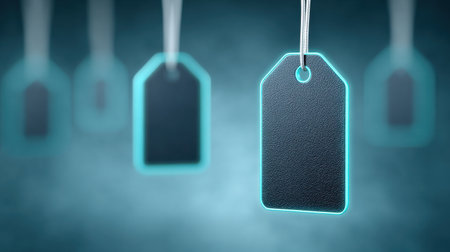 A black tag with a blue tag hanging from it.の素材