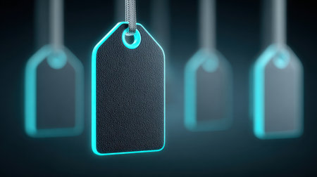 A black tag with a blue border is hanging from a string. The tag is surrounded by other tags, all of which are blueの素材