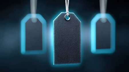 Three tags are hanging from a string, one of which is black. The tags are illuminated, giving the image a futuristic or sci-fi feelの素材