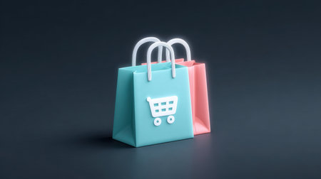 Two shopping bags with a shopping cart on them. The bags are blue and pinkの素材